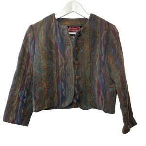 Vintage 90s C.C. Magic Tapestry Cropped Blazer Jacket Earth Tones Collarless